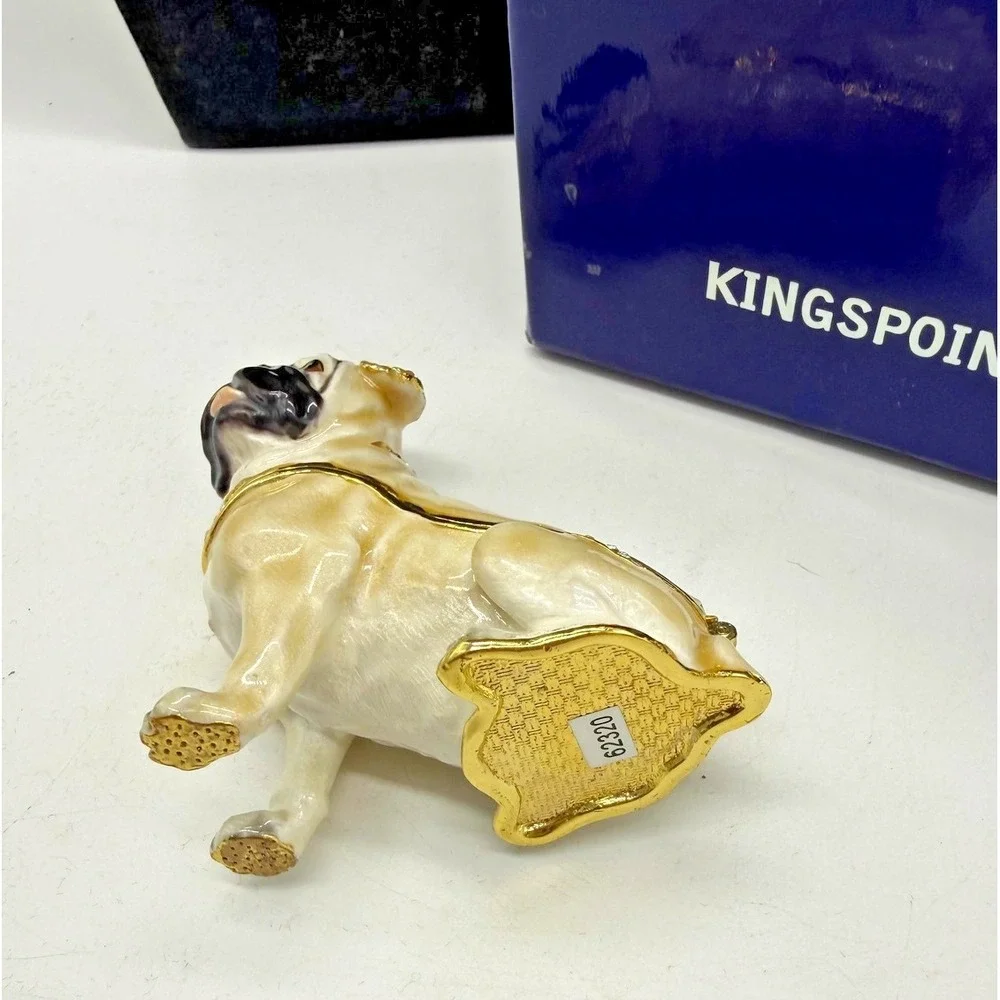 Kingspoint Designs Pug Trinket Box Necklace Rhinestone Pewter Dog Gift Set Boxed